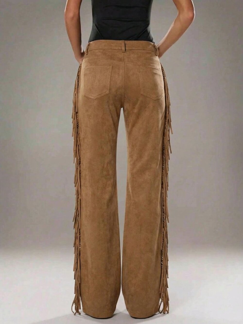 Khaki Casual Women's Extra Long Side Fringe Zipper Flare Leg Pants - Picture 2 of 6
